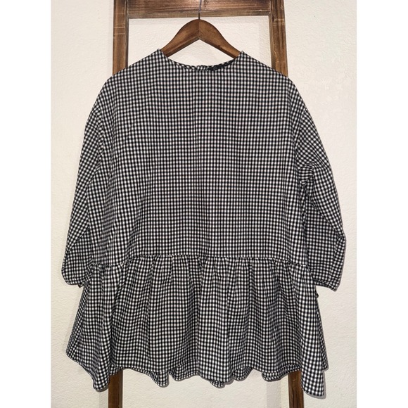 Zara Tops - Zara Basic Gingham Peplum Blouse Black White Tie Sleeve Button Back Small